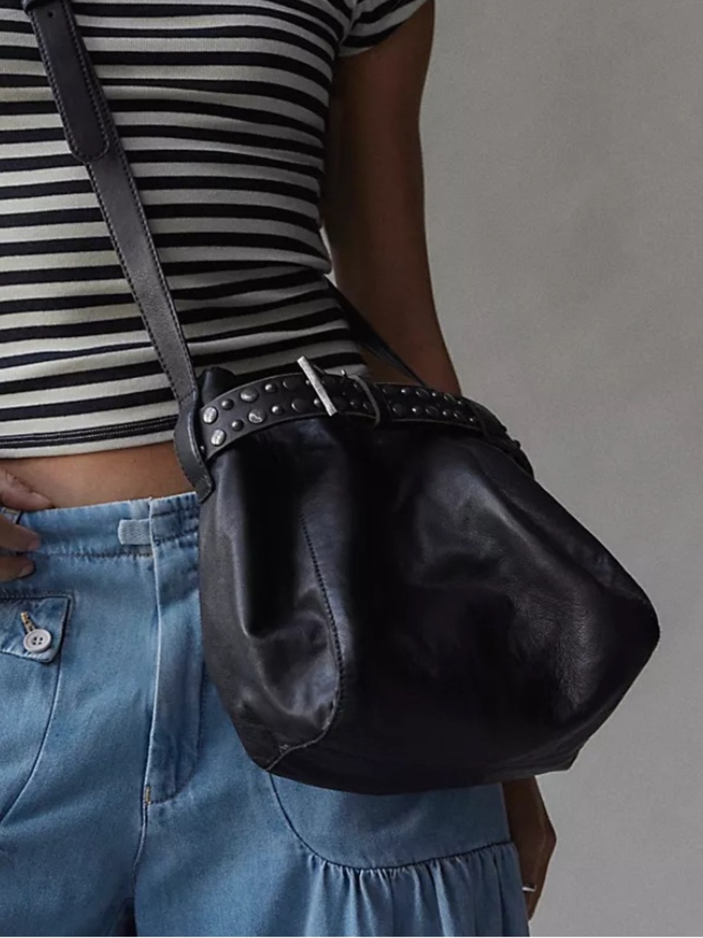 Free People NWT Embellished Leather Black Bucket crossbody bag - Picture 3 of 8